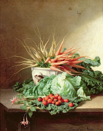 Natura morta di fragole, carote e cavolo da David Emil Joseph de Noter